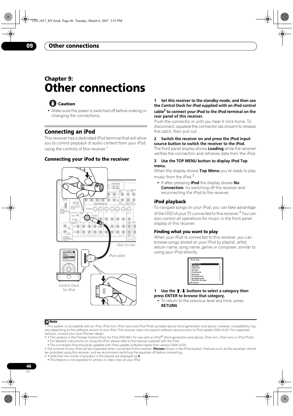 09 other connections, Connecting an ipod, Connecting your ipod to the receiver ipod playback | Other connections, Other connections 09, Chapter 9, Connecting your ipod to the receiver, Ipod playback, Finding what you want to play, Vsx-1017av | Pioneer VSX-1017AV-K User Manual | Page 46 / 72