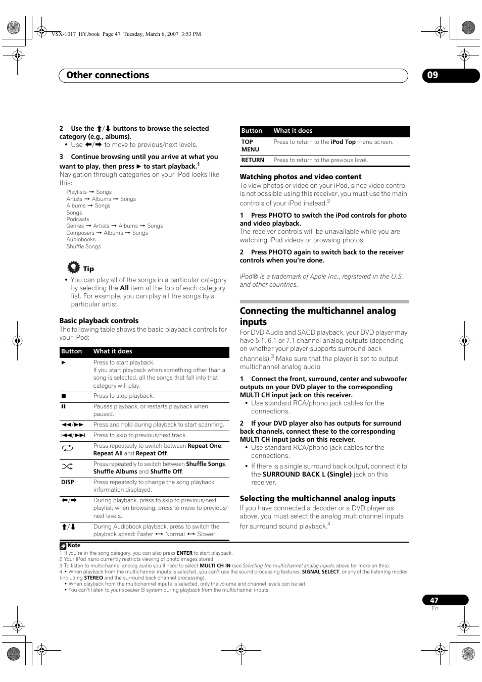 Connecting the multichannel analog inputs, Selecting the multichannel analog inputs, Other connections 09 | Pioneer VSX-1017AV-K User Manual | Page 47 / 72