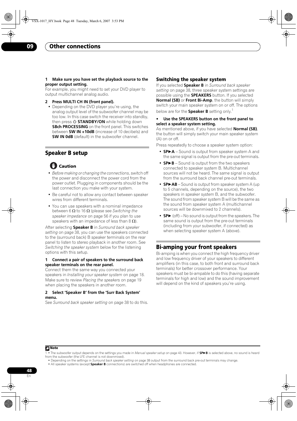 Speaker b setup, Switching the speaker system, Bi-amping your front speakers | Other connections 09 | Pioneer VSX-1017AV-K User Manual | Page 48 / 72