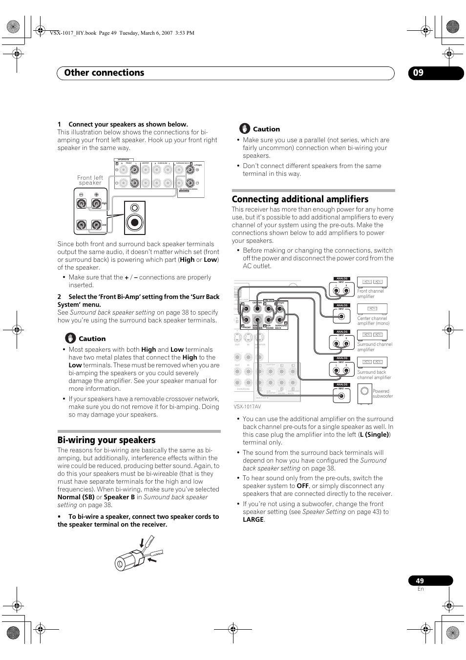 Other connections 09, Bi-wiring your speakers, Connecting additional amplifiers | Front left speaker | Pioneer VSX-1017AV-K User Manual | Page 49 / 72