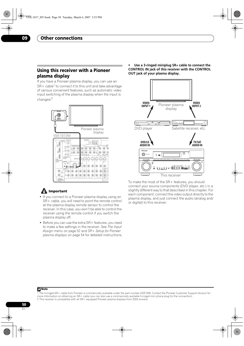 Using this receiver with a pioneer plasma display, Other connections 09, Multi jog master volume | Pioneer plasma display vsx-1017av | Pioneer VSX-1017AV-K User Manual | Page 50 / 72