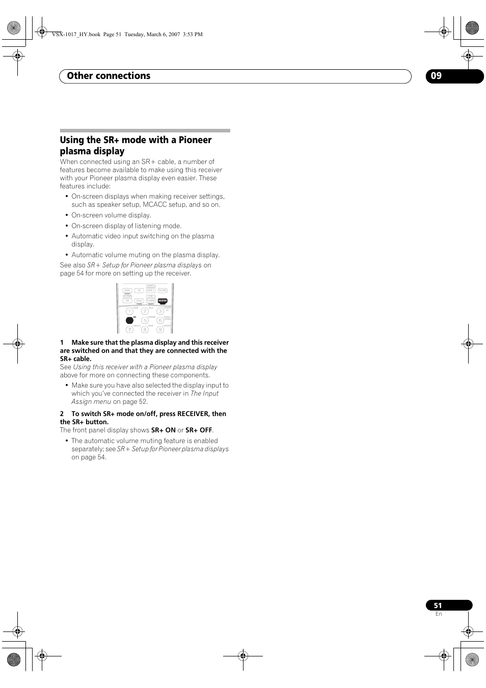 Using the sr+ mode with a pioneer plasma display, Other connections 09 | Pioneer VSX-1017AV-K User Manual | Page 51 / 72