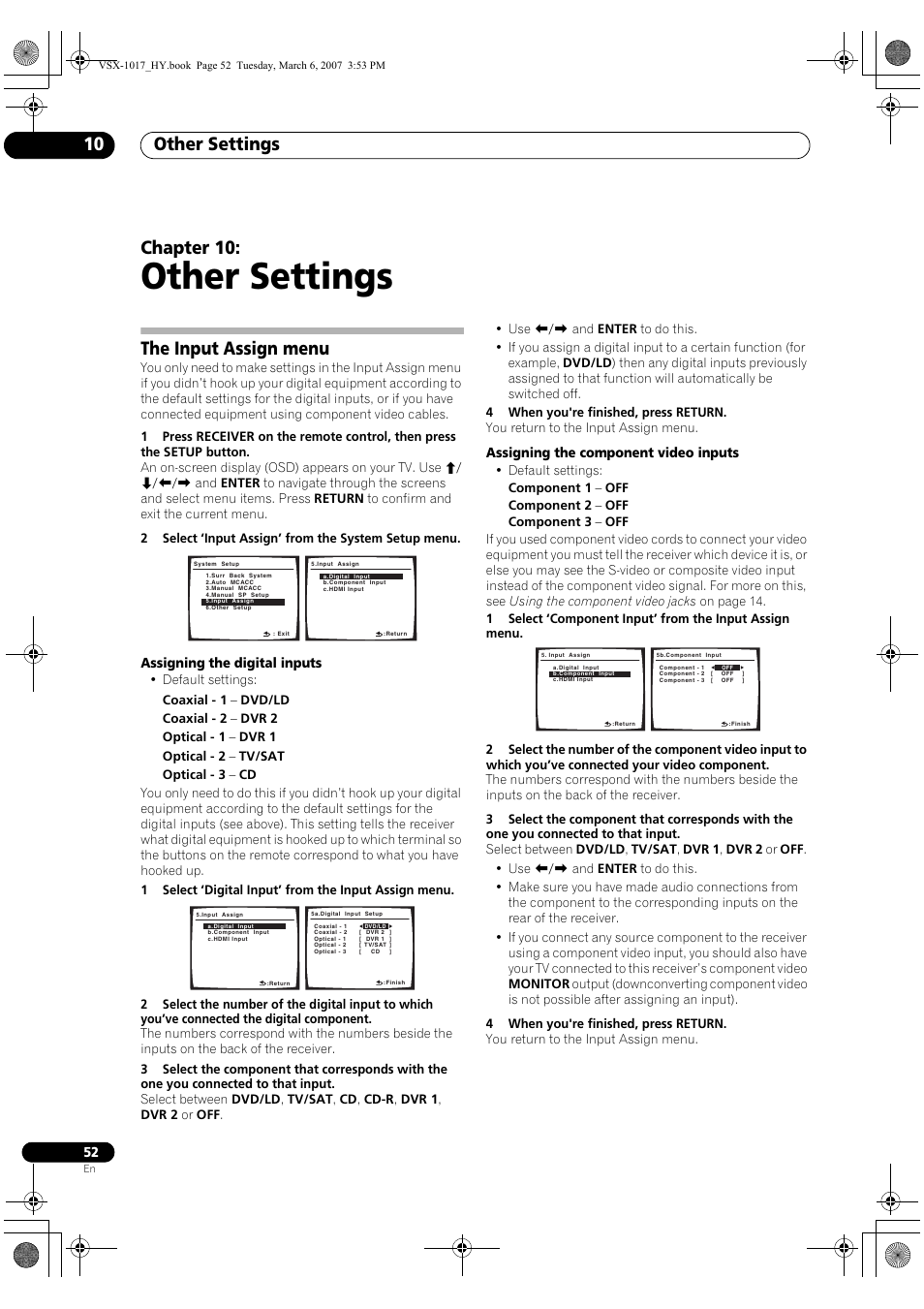 10 other settings, The input assign menu, Other settings | Other settings 10, Chapter 10, Assigning the digital inputs, Assigning the component video inputs | Pioneer VSX-1017AV-K User Manual | Page 52 / 72