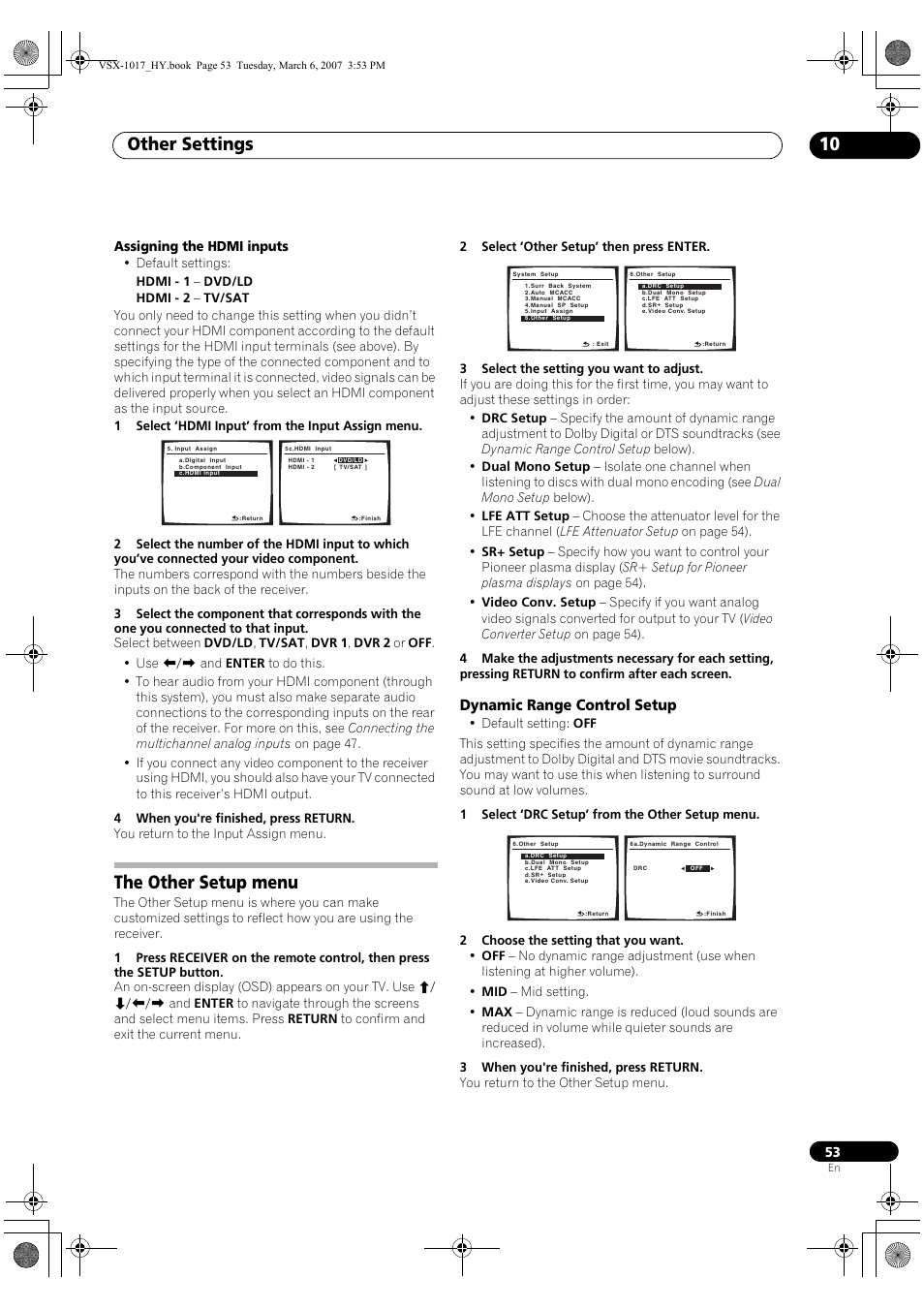 The other setup menu, Dynamic range control setup, Other settings 10 | Pioneer VSX-1017AV-K User Manual | Page 53 / 72