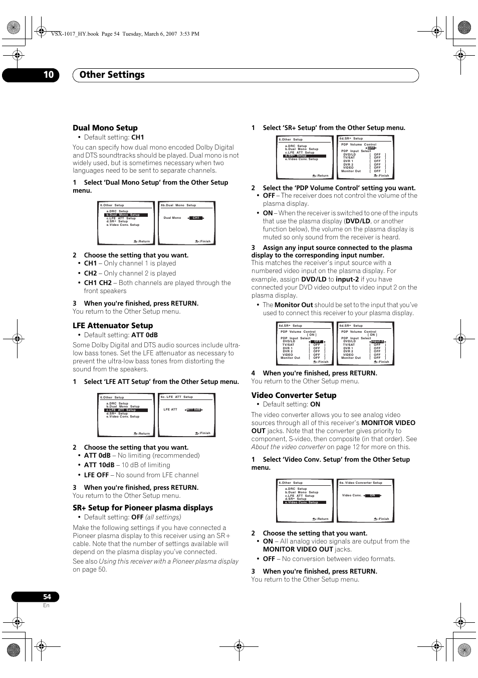 Other settings 10, Dual mono setup, Lfe attenuator setup | Sr+ setup for pioneer plasma displays, Video converter setup | Pioneer VSX-1017AV-K User Manual | Page 54 / 72