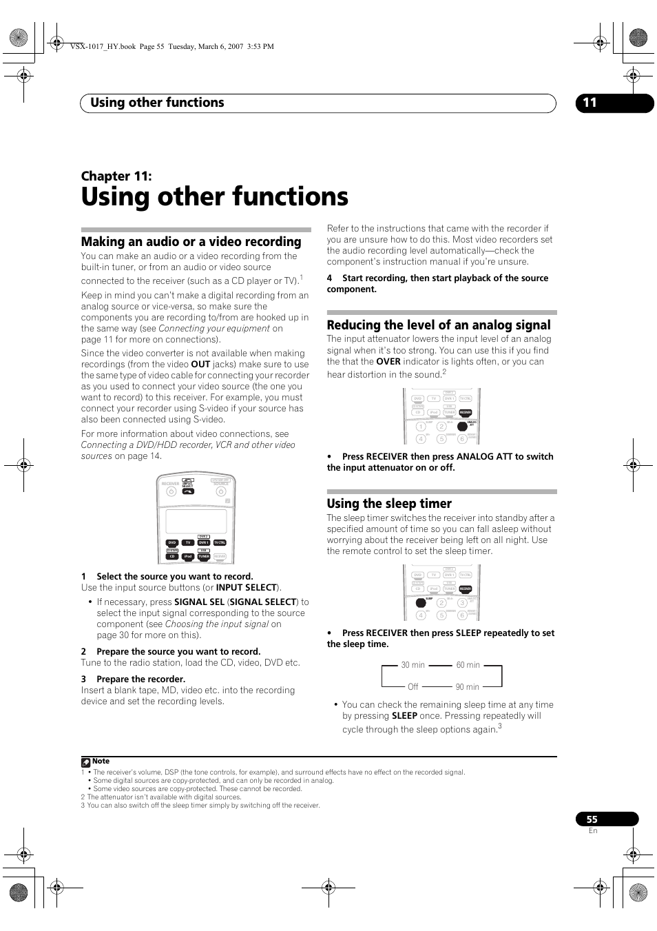 11 using other functions, Using other functions, Using other functions 11 | Chapter 11, Making an audio or a video recording, Reducing the level of an analog signal, Using the sleep timer | Pioneer VSX-1017AV-K User Manual | Page 55 / 72