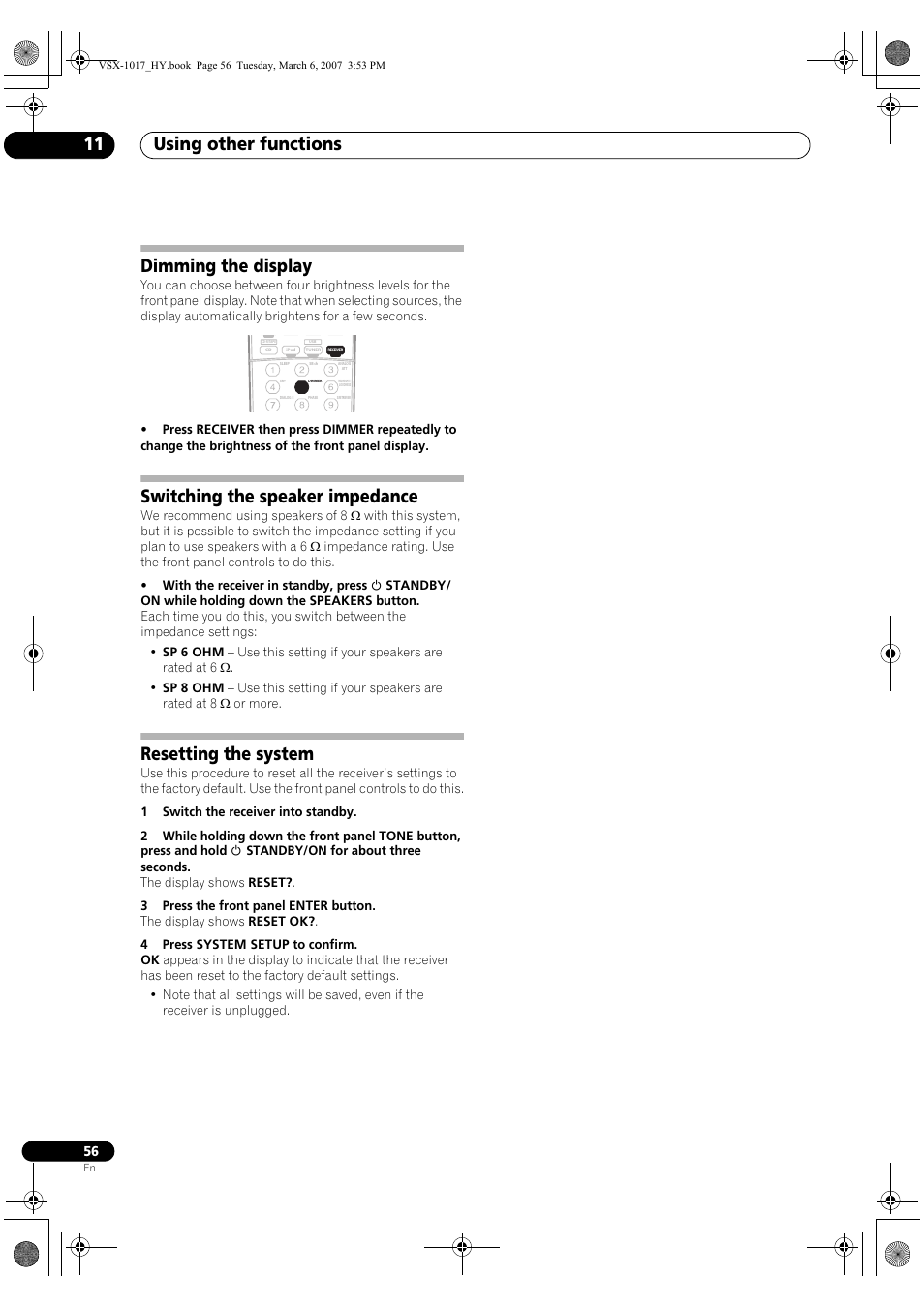 Using other functions 11, Dimming the display, Switching the speaker impedance | Resetting the system | Pioneer VSX-1017AV-K User Manual | Page 56 / 72