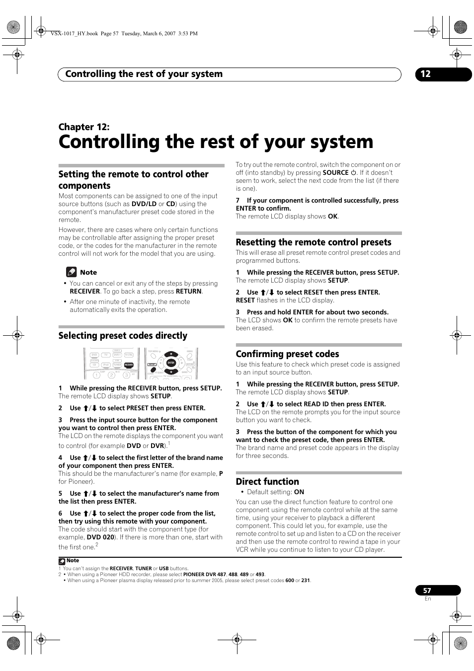 12 controlling the rest of your system, Controlling the rest of your system, Controlling the rest of your system 12 | Chapter 12, Setting the remote to control other components, Selecting preset codes directly, Resetting the remote control presets, Confirming preset codes, Direct function | Pioneer VSX-1017AV-K User Manual | Page 57 / 72