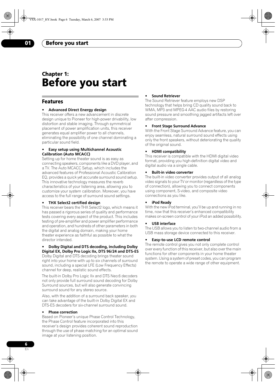 01 before you start, Features, Before you start | Before you start 01, Chapter 1 | Pioneer VSX-1017AV-K User Manual | Page 6 / 72