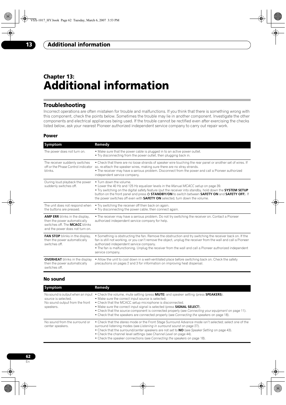 13 additional information, Troubleshooting, Power no sound | Additional information, Additional information 13, Chapter 13 | Pioneer VSX-1017AV-K User Manual | Page 62 / 72