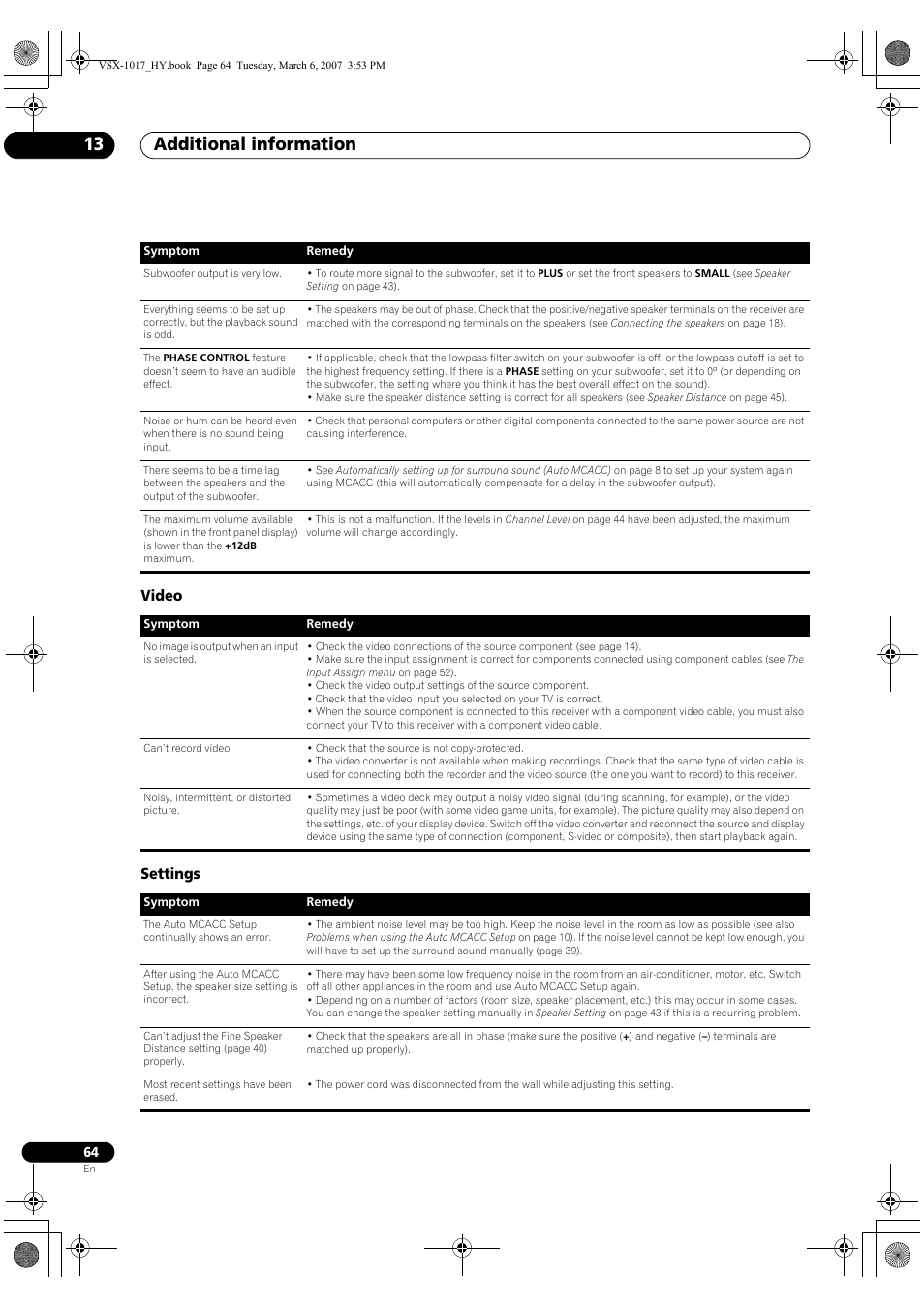 Video settings, Additional information 13 | Pioneer VSX-1017AV-K User Manual | Page 64 / 72