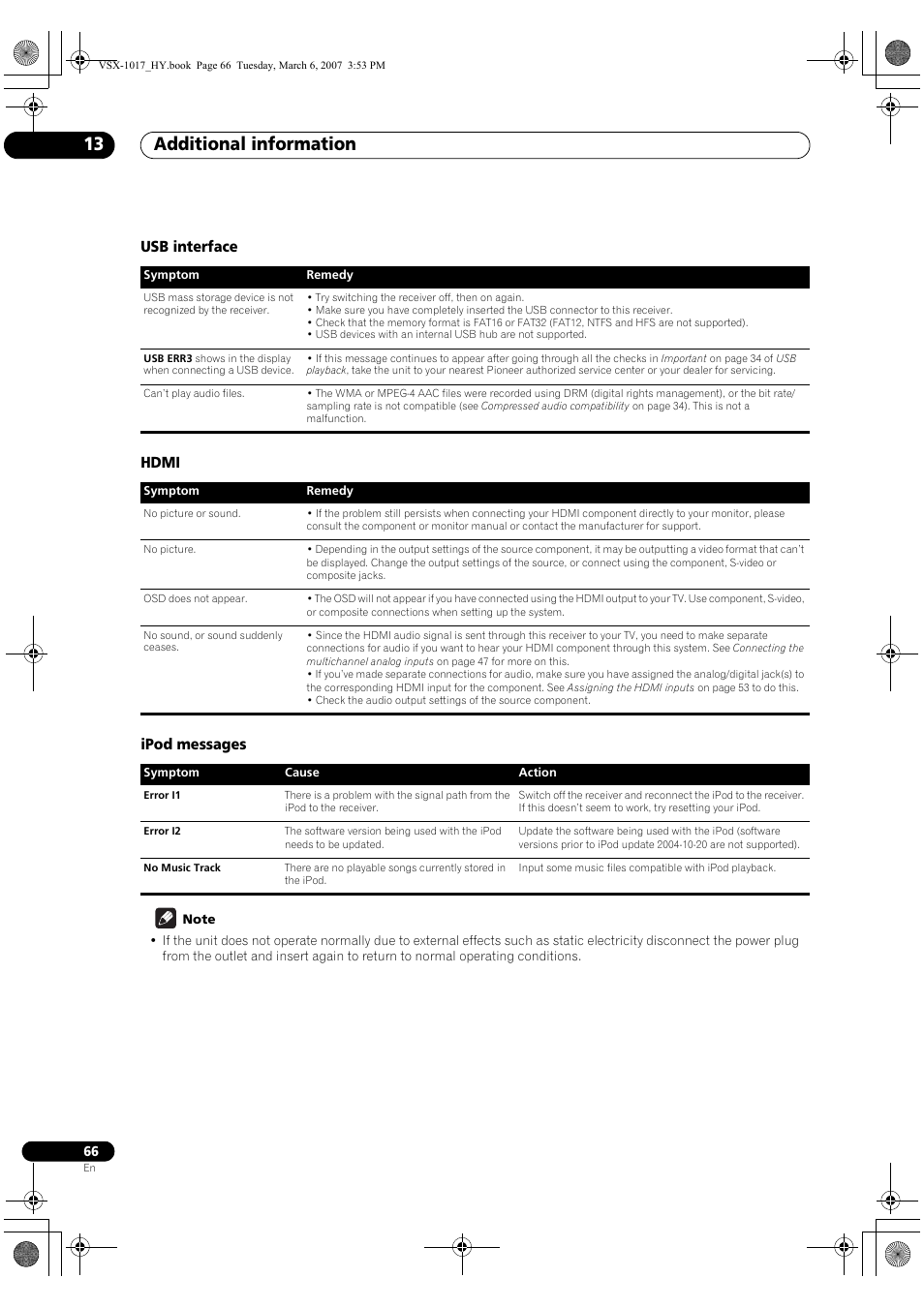 Usb interface hdmi ipod messages, Additional information 13 | Pioneer VSX-1017AV-K User Manual | Page 66 / 72