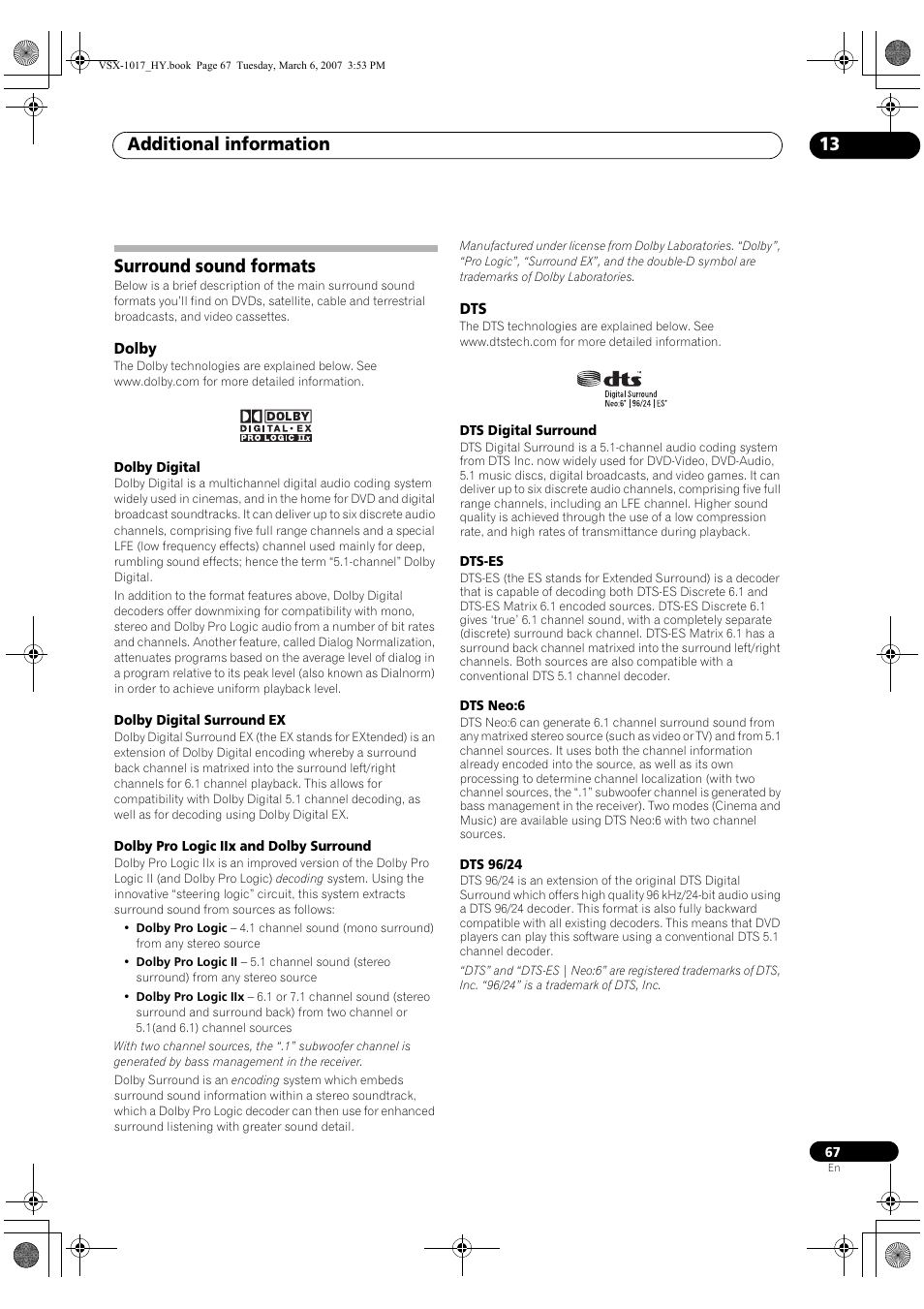 Surround sound formats, Dolby dts, Additional information 13 | Pioneer VSX-1017AV-K User Manual | Page 67 / 72