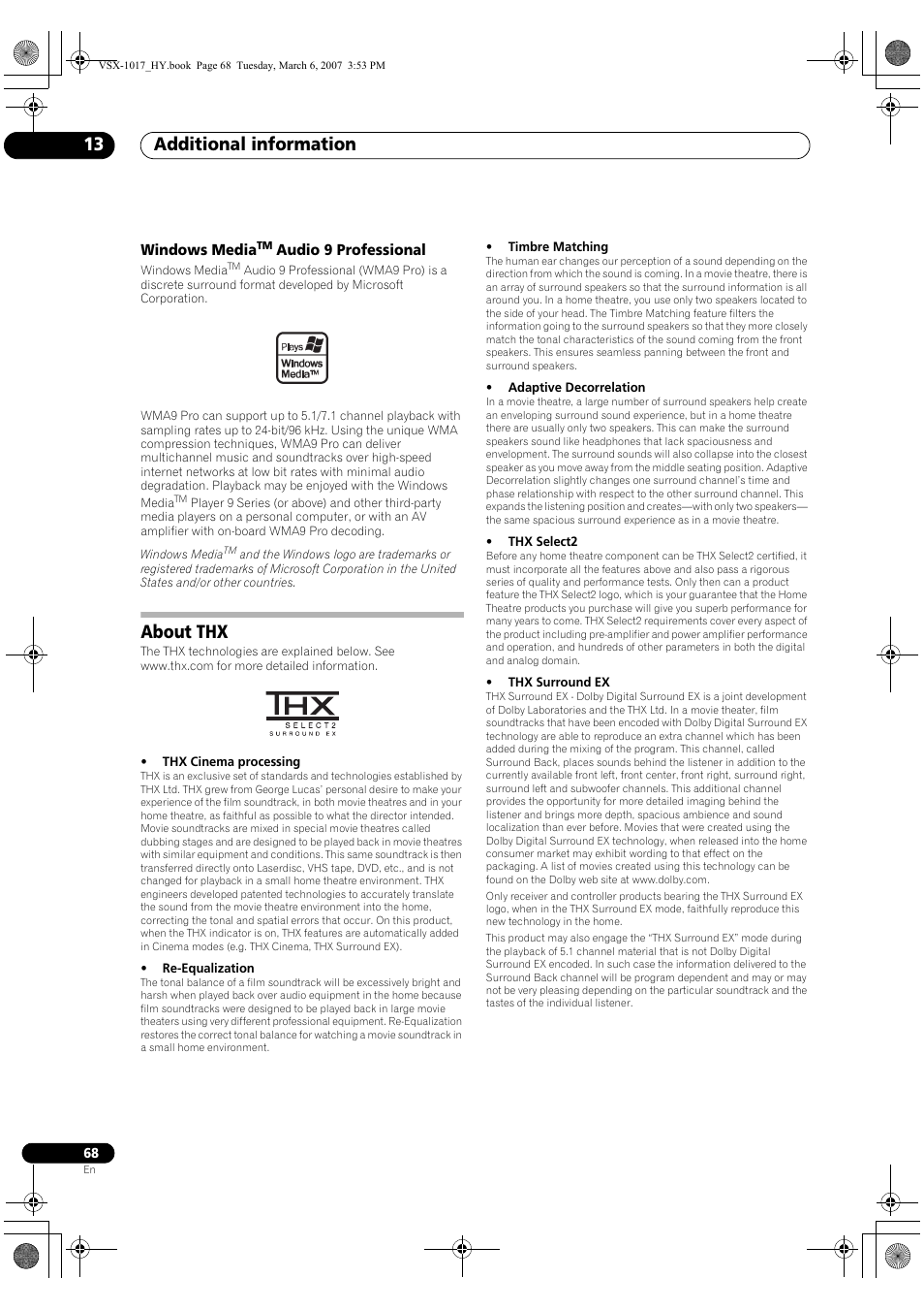 Windows media, Audio 9 professional, About thx | Additional information 13 | Pioneer VSX-1017AV-K User Manual | Page 68 / 72