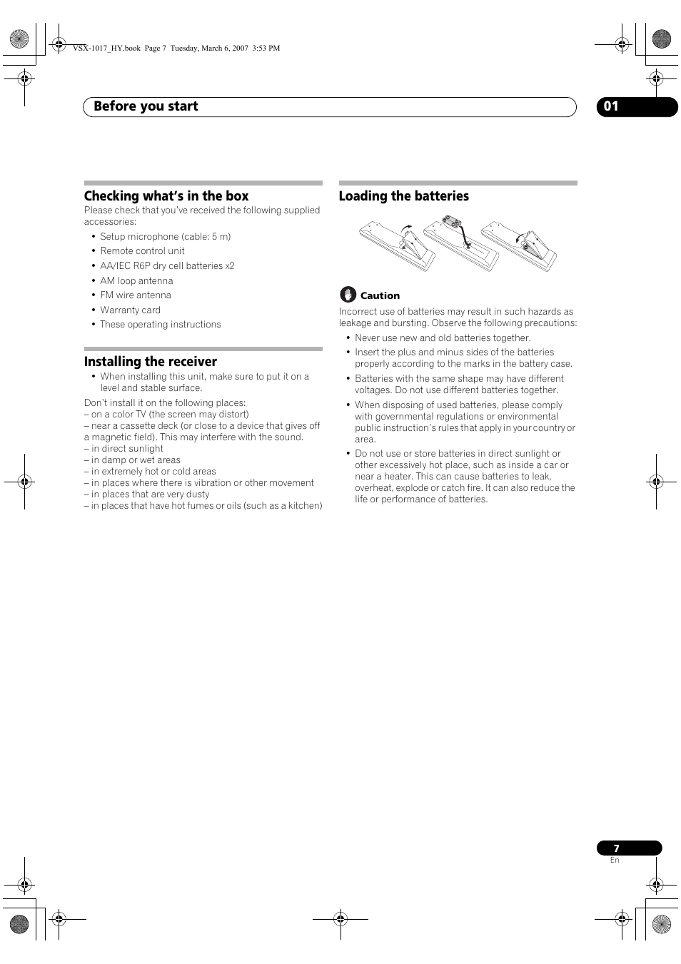 Before you start 01, Checking what’s in the box, Installing the receiver | Loading the batteries | Pioneer VSX-1017AV-K User Manual | Page 7 / 72