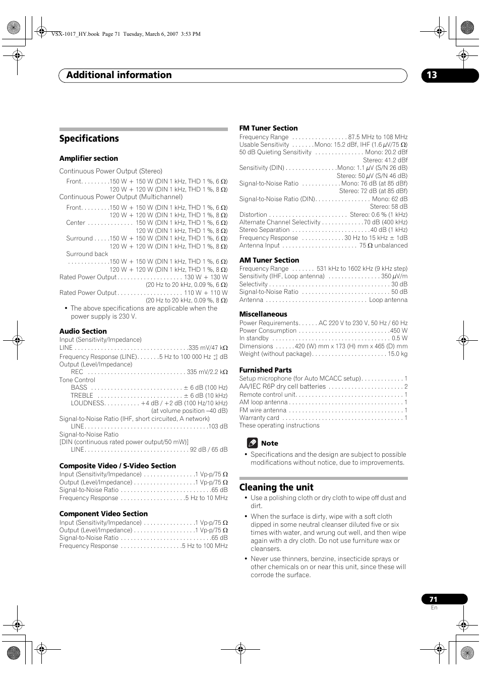 Specifications cleaning the unit, Additional information 13, Specifications | Cleaning the unit | Pioneer VSX-1017AV-K User Manual | Page 71 / 72