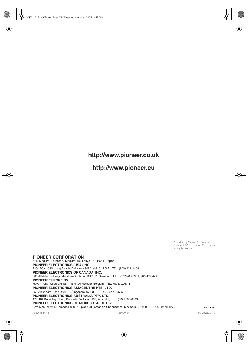 Pioneer VSX-1017AV-K User Manual | Page 72 / 72