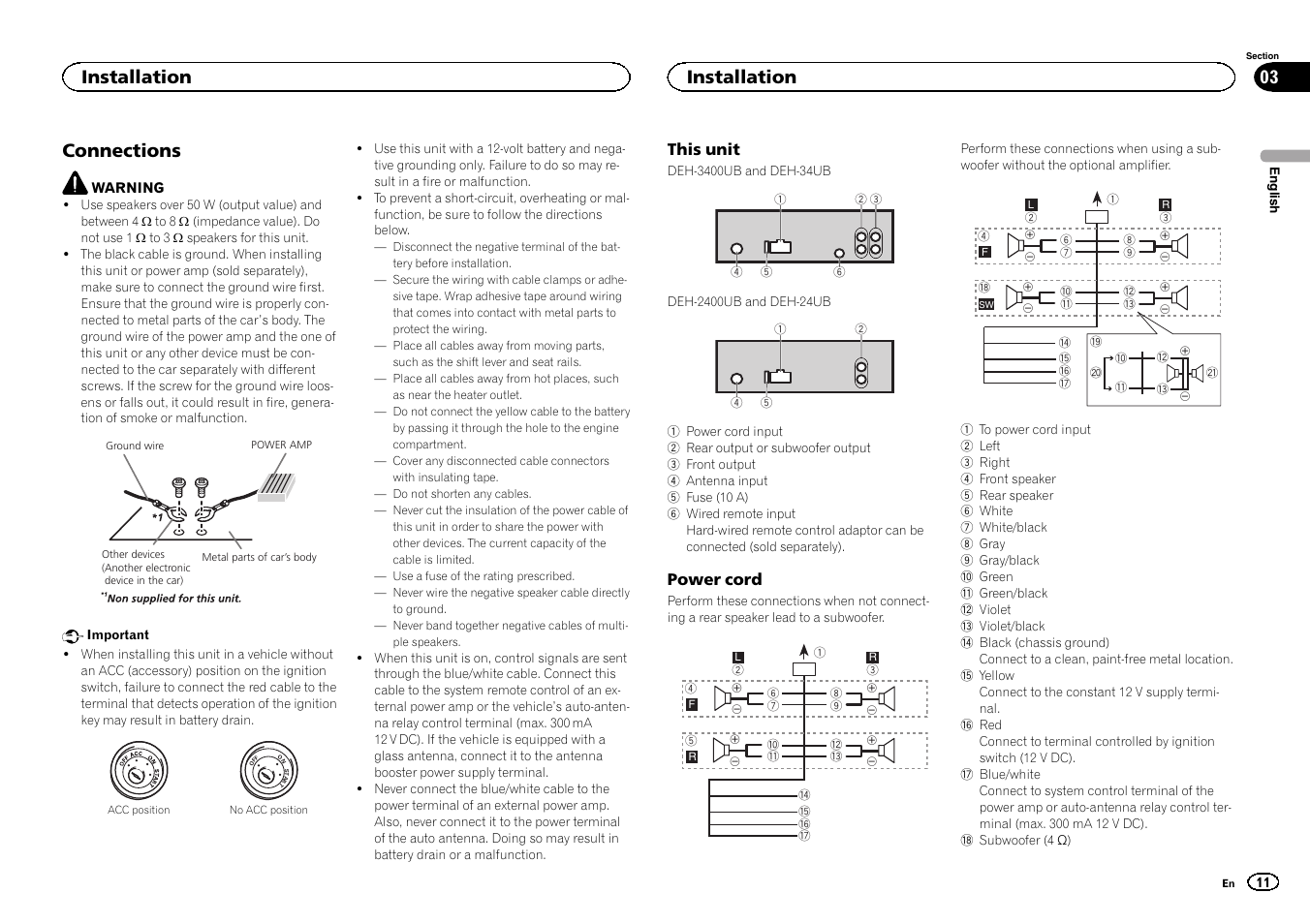Connections, Installation | Pioneer DEH-3400UB User Manual | Page 11 / 56