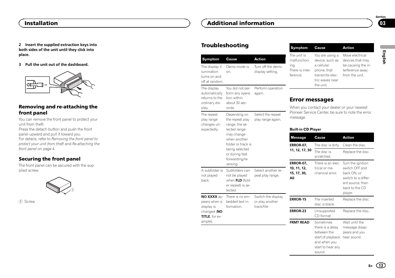 Troubleshooting, Error messages, Installation | Additional information | Pioneer DEH-3400UB User Manual | Page 13 / 56