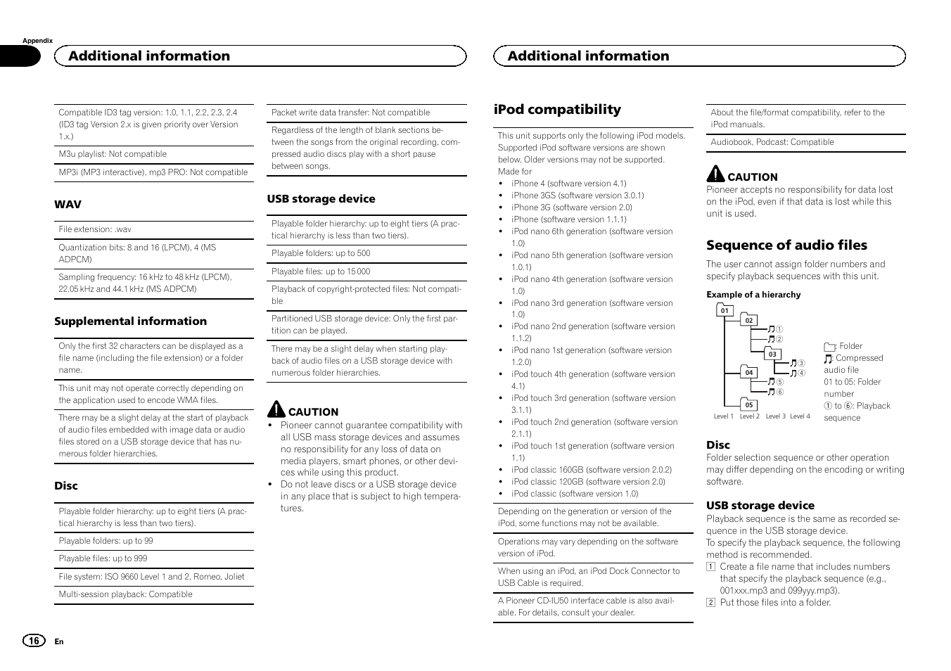 Ipod compatibility, Sequence of audio files, Additional information | Pioneer DEH-3400UB User Manual | Page 16 / 56