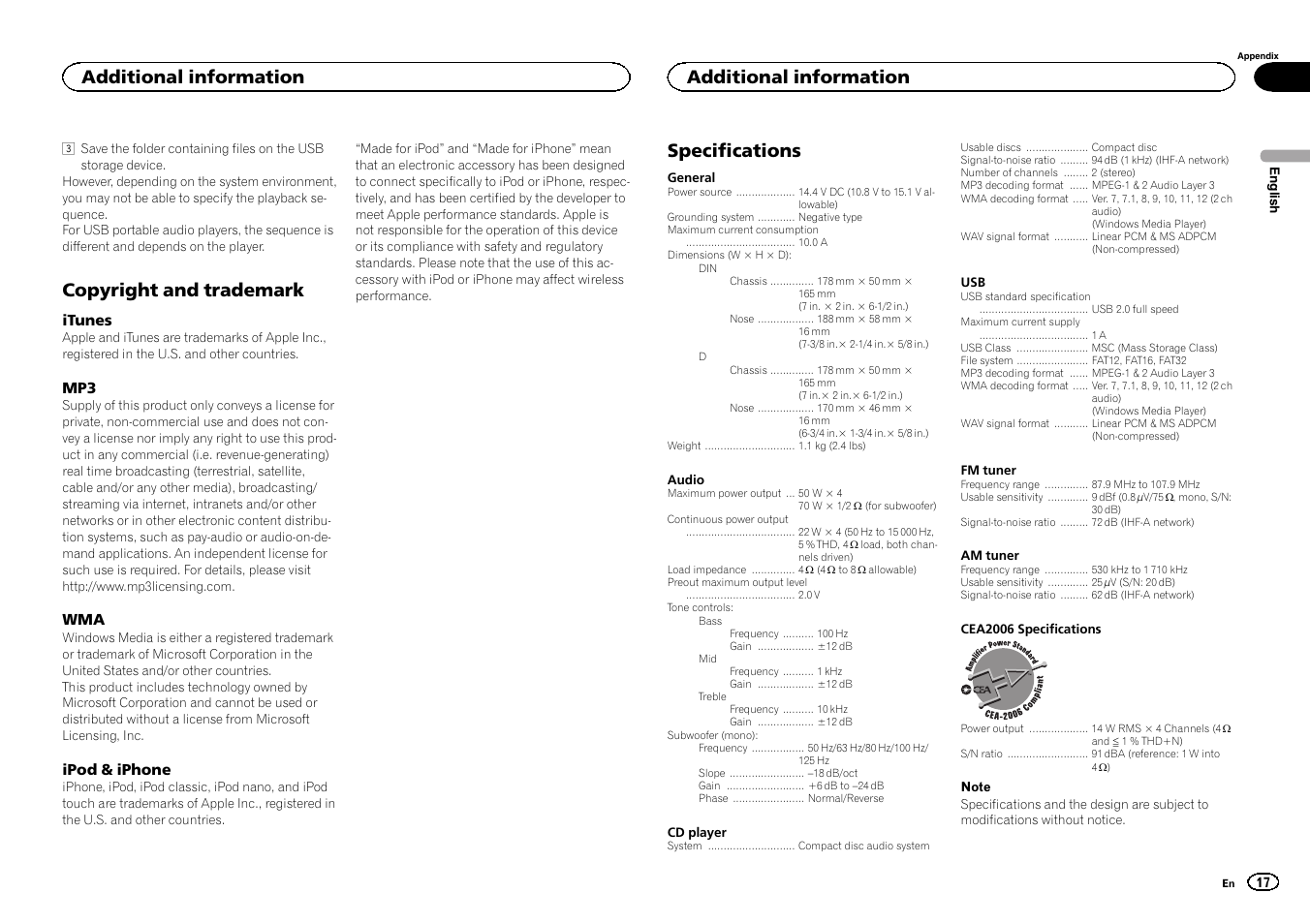 Copyright and trademark, Specifications, Additional information | Pioneer DEH-3400UB User Manual | Page 17 / 56