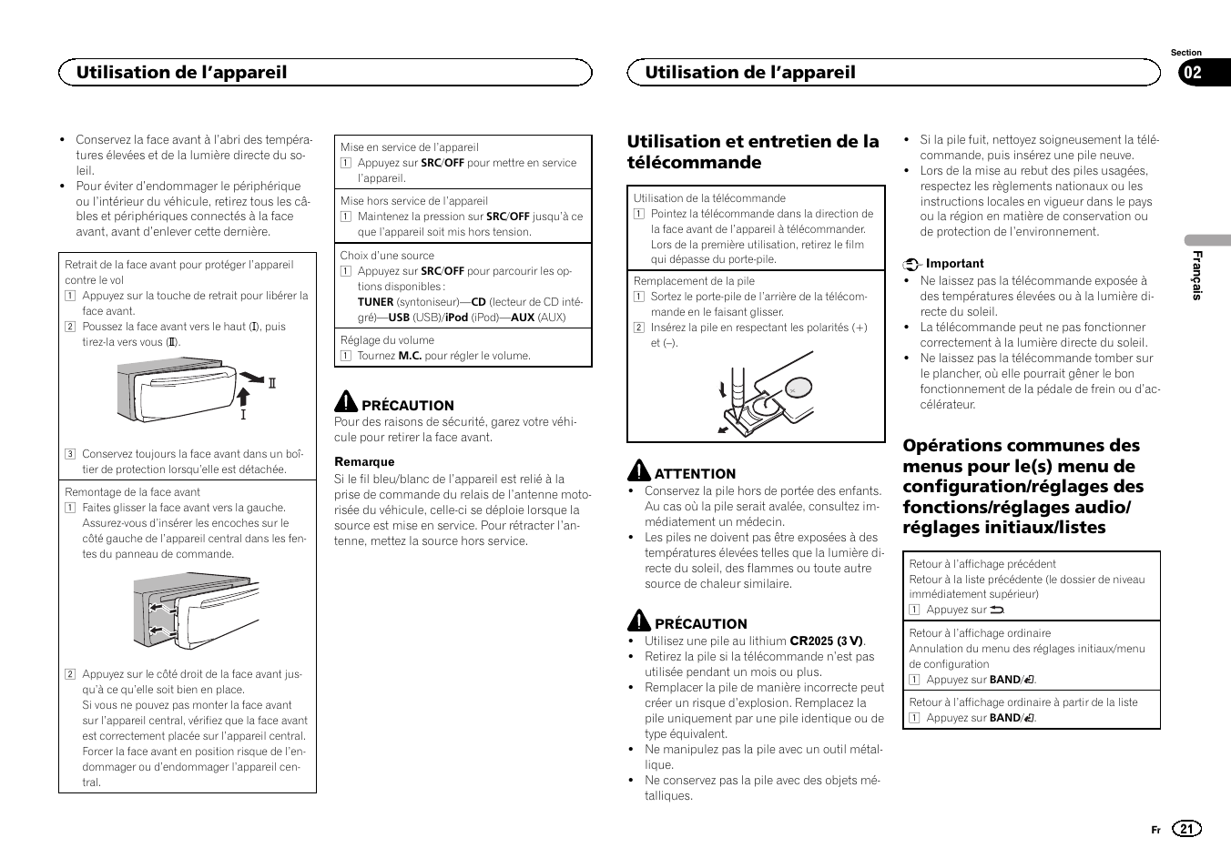 Utilisation et entretien de la télécommande, Utilisation de l ’appareil | Pioneer DEH-3400UB User Manual | Page 21 / 56