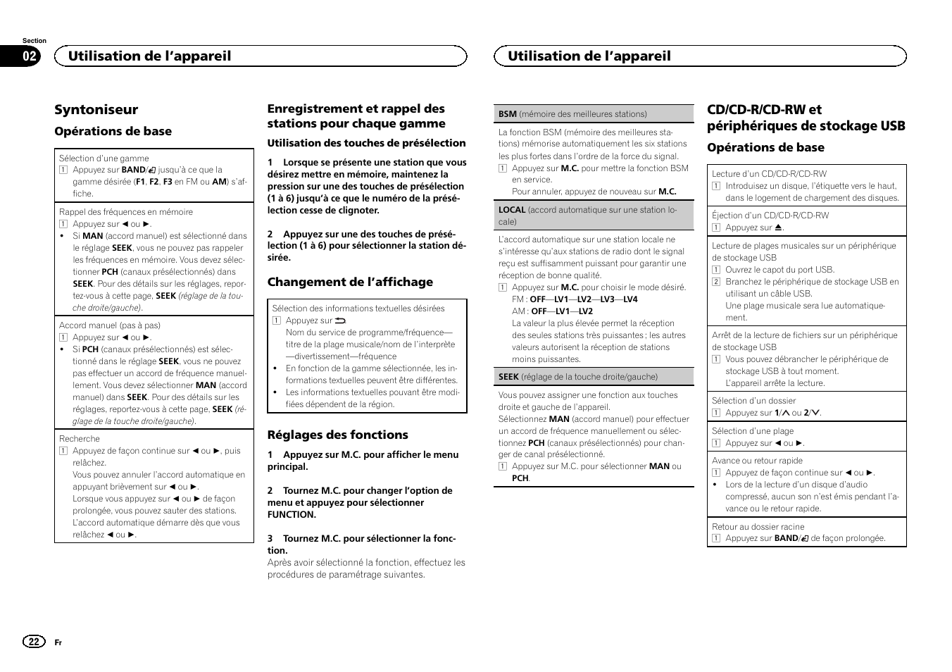 Syntoniseur, Cd/cd-r/cd-rw et périphériques de stockage usb, Utilisation de l ’appareil | Pioneer DEH-3400UB User Manual | Page 22 / 56