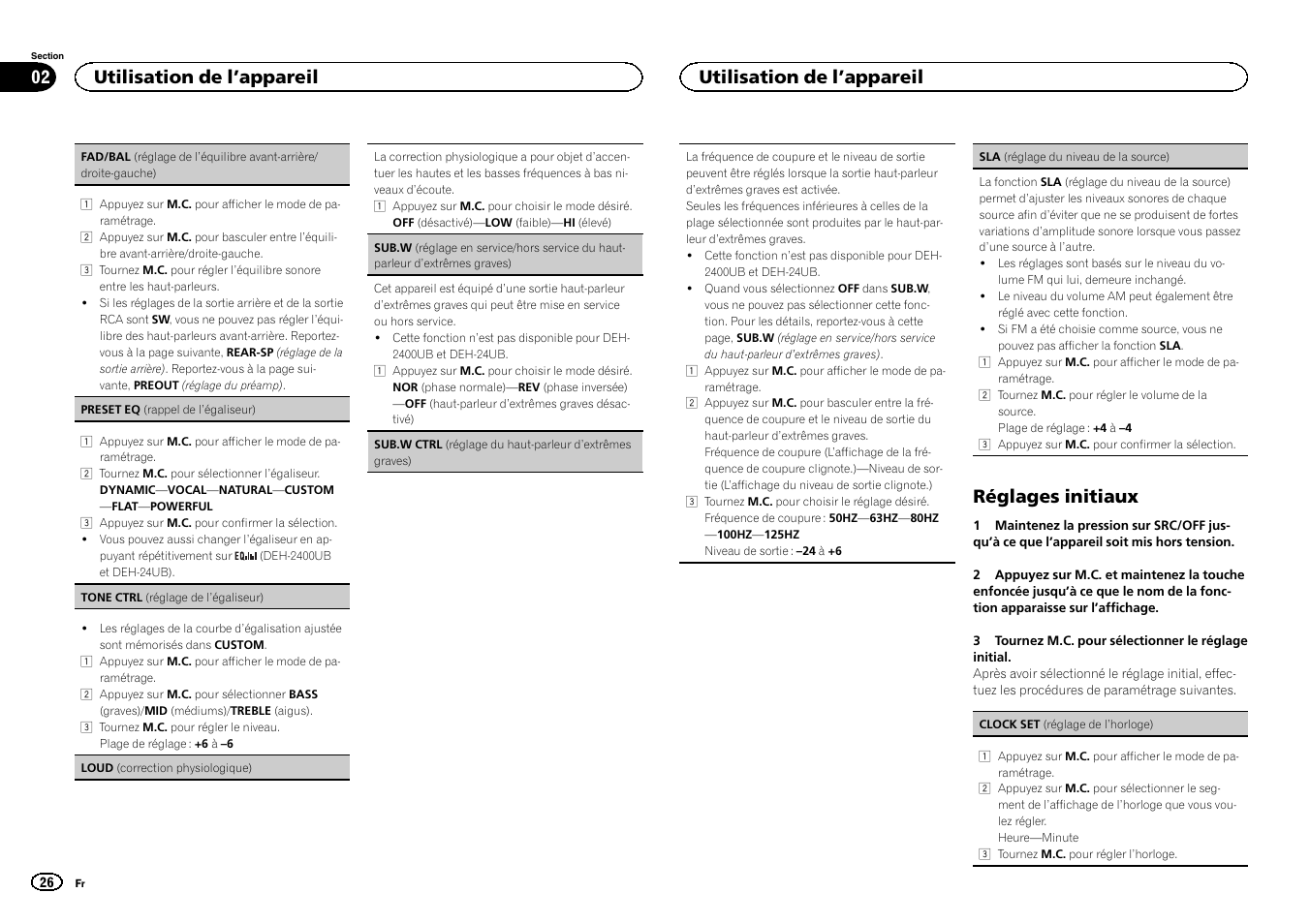 Réglages initiaux, Utilisation de l ’appareil | Pioneer DEH-3400UB User Manual | Page 26 / 56
