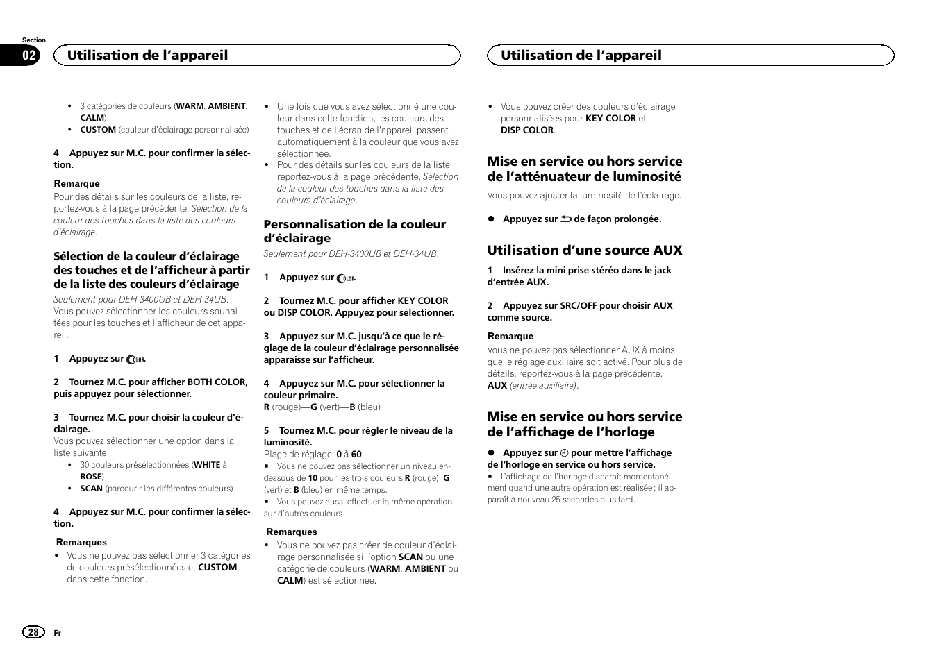 Utilisation d ’une source aux, Utilisation de l ’appareil | Pioneer DEH-3400UB User Manual | Page 28 / 56