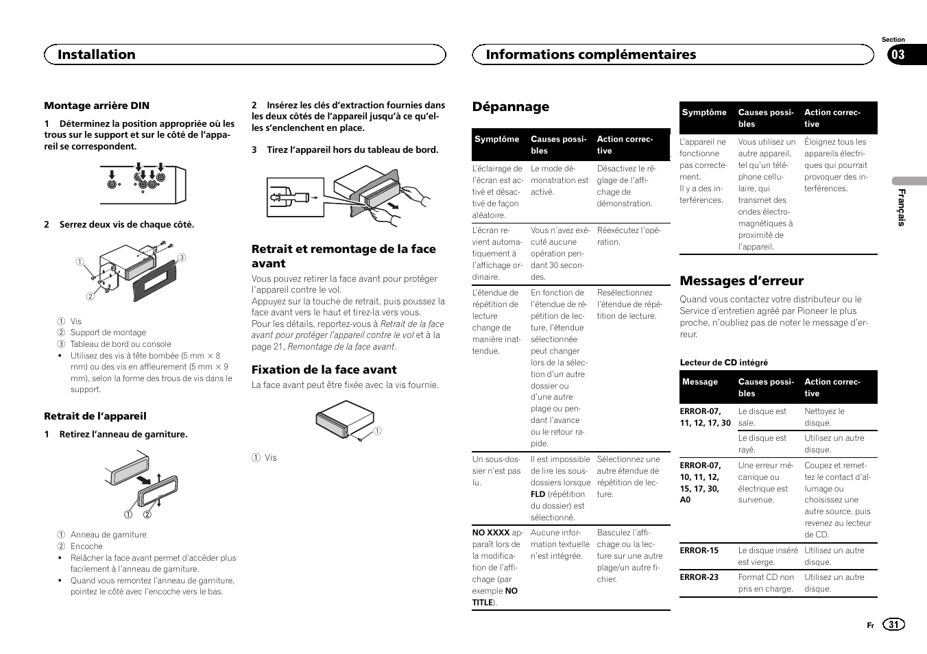 Dépannage, Messages d ’erreur, Installation | Informations complémentaires | Pioneer DEH-3400UB User Manual | Page 31 / 56