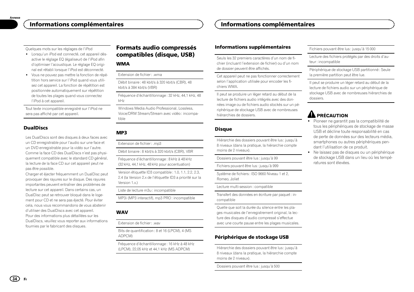Formats audio compressés compatibles (disque, usb), Informations complémentaires | Pioneer DEH-3400UB User Manual | Page 34 / 56