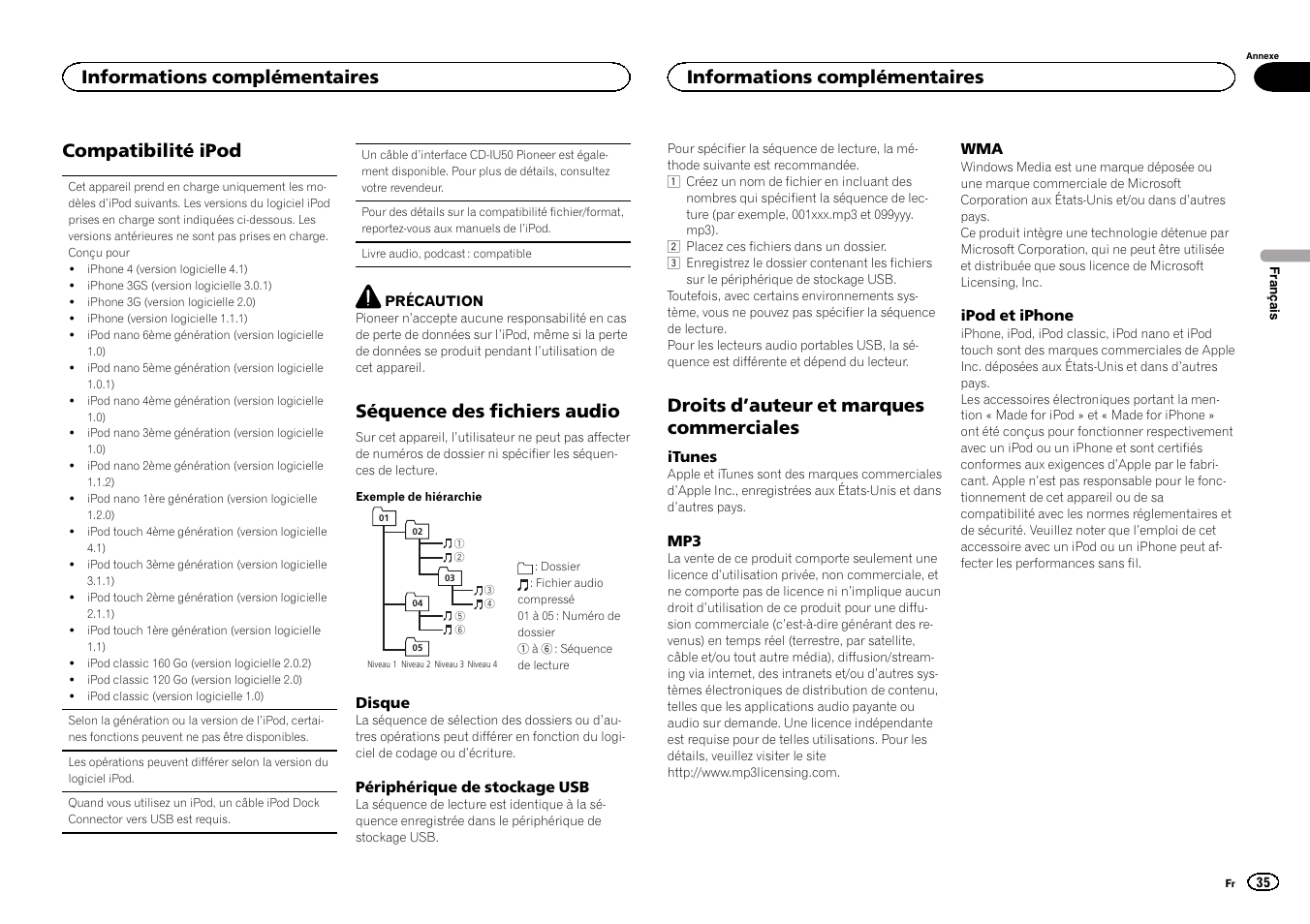 Compatibilité ipod, Séquence des fichiers audio, Droits d ’auteur et marques commerciales | Informations complémentaires | Pioneer DEH-3400UB User Manual | Page 35 / 56