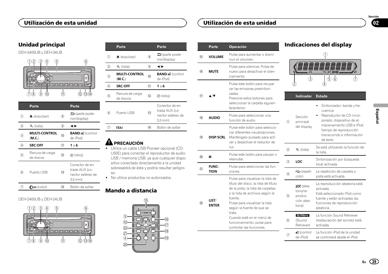 Unidad principal, Mando a distancia, Indicaciones del display | Utilización de esta unidad | Pioneer DEH-3400UB User Manual | Page 39 / 56