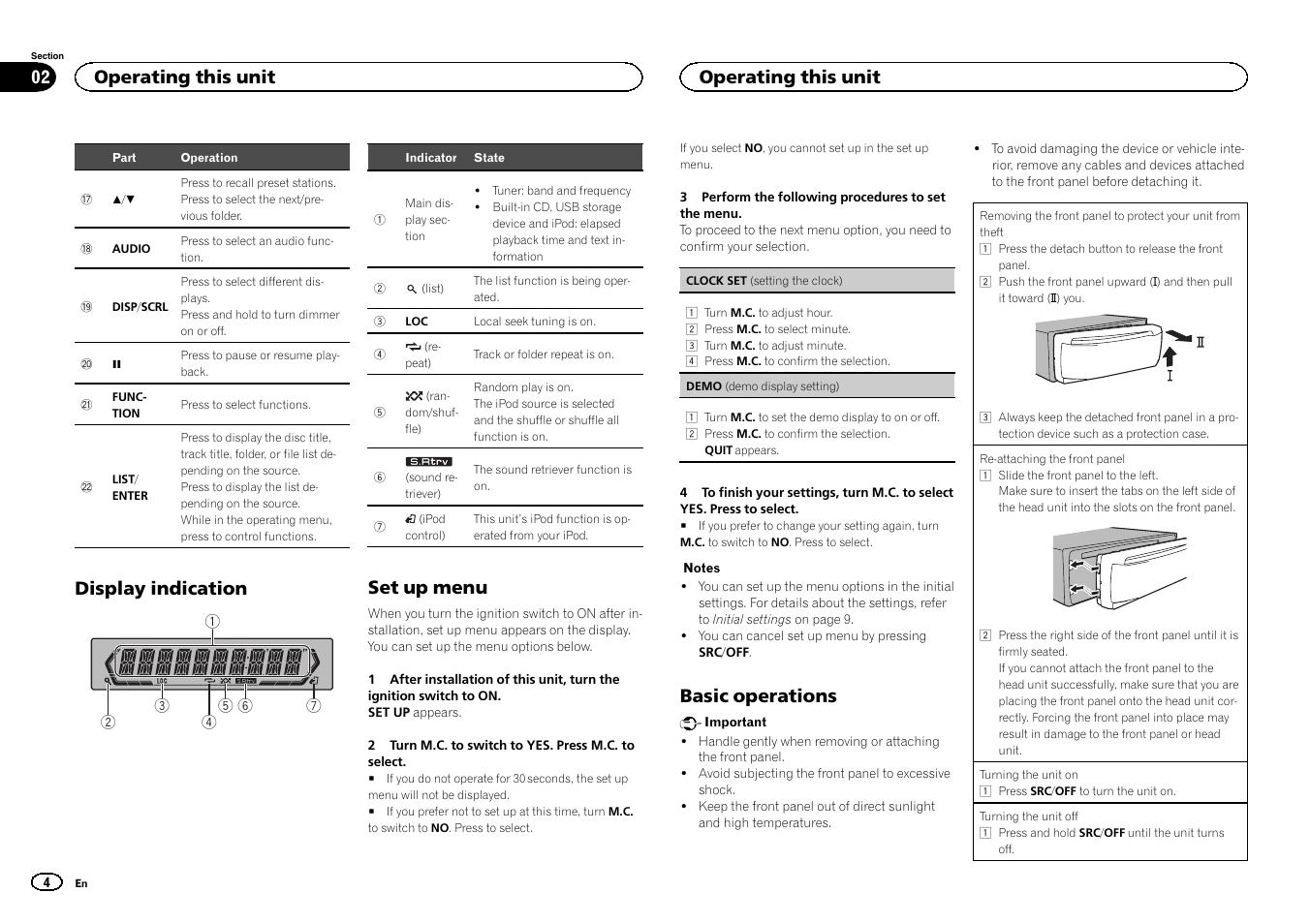 Display indication, Set up menu, Basic operations | Operating this unit | Pioneer DEH-3400UB User Manual | Page 4 / 56