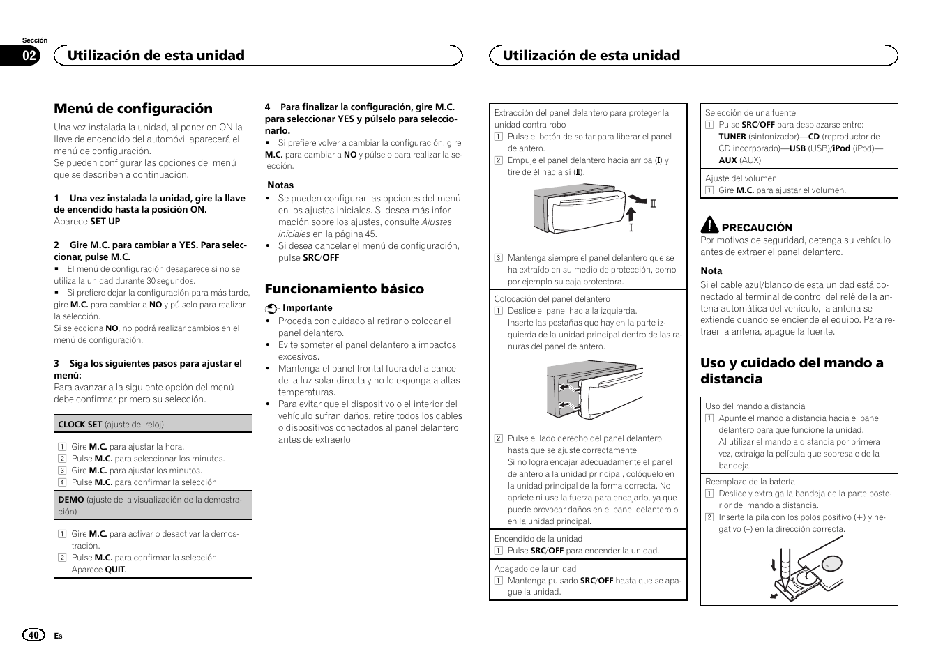 Menú de configuración, Funcionamiento básico, Uso y cuidado del mando a distancia | Utilización de esta unidad | Pioneer DEH-3400UB User Manual | Page 40 / 56