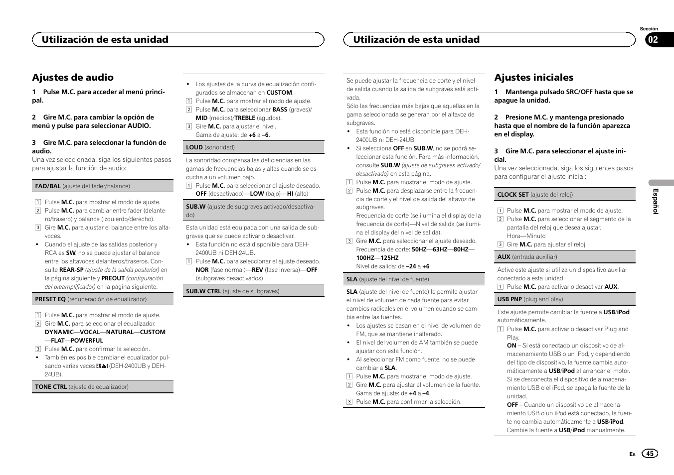 Ajustes de audio, Ajustes iniciales, Utilización de esta unidad | Pioneer DEH-3400UB User Manual | Page 45 / 56