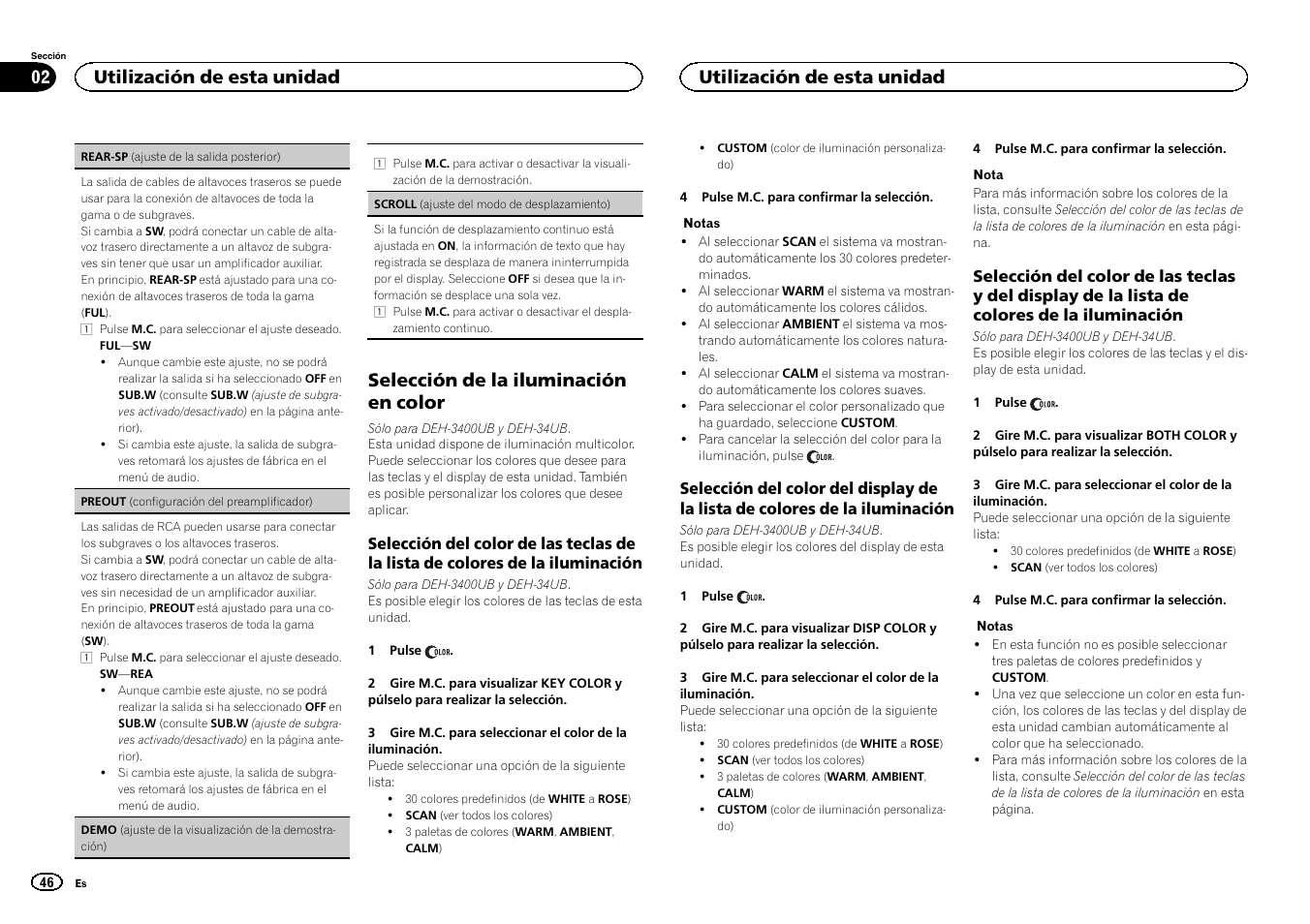 Rear-sp (ajuste de la salida posterior) en, Preout (configuración, Selección de la iluminación en color | Utilización de esta unidad | Pioneer DEH-3400UB User Manual | Page 46 / 56