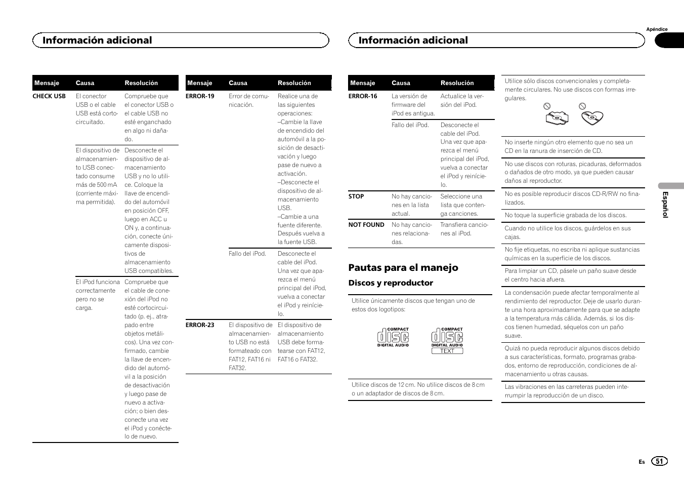 Pautas para el manejo, Información adicional | Pioneer DEH-3400UB User Manual | Page 51 / 56