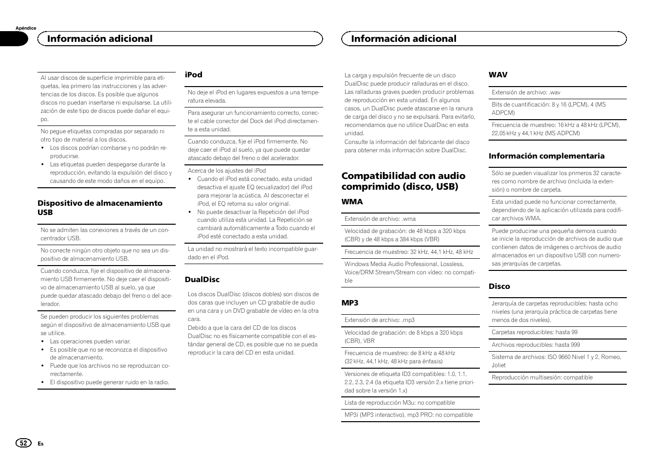 Compatibilidad con audio comprimido (disco, usb), Información adicional | Pioneer DEH-3400UB User Manual | Page 52 / 56