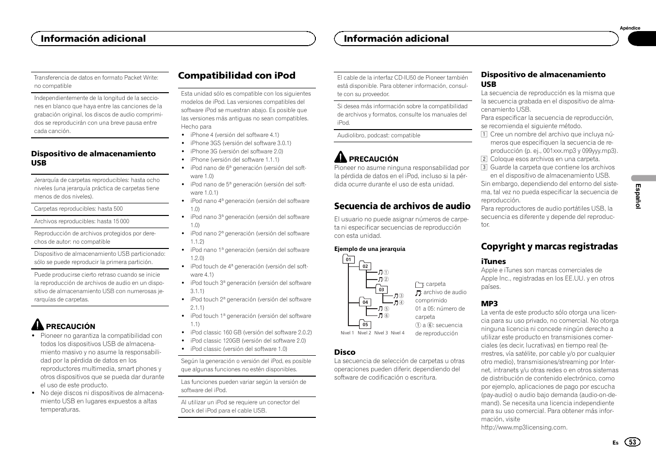 Compatibilidad con ipod, Secuencia de archivos de audio, Copyright y marcas registradas | Información adicional | Pioneer DEH-3400UB User Manual | Page 53 / 56