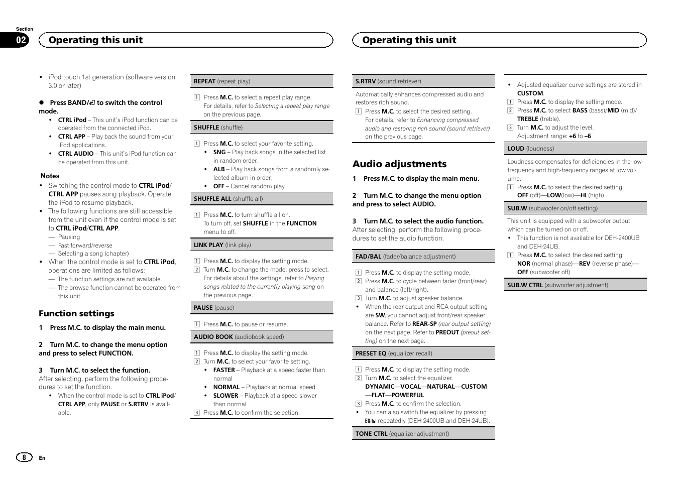 Audio adjustments, Operating this unit | Pioneer DEH-3400UB User Manual | Page 8 / 56