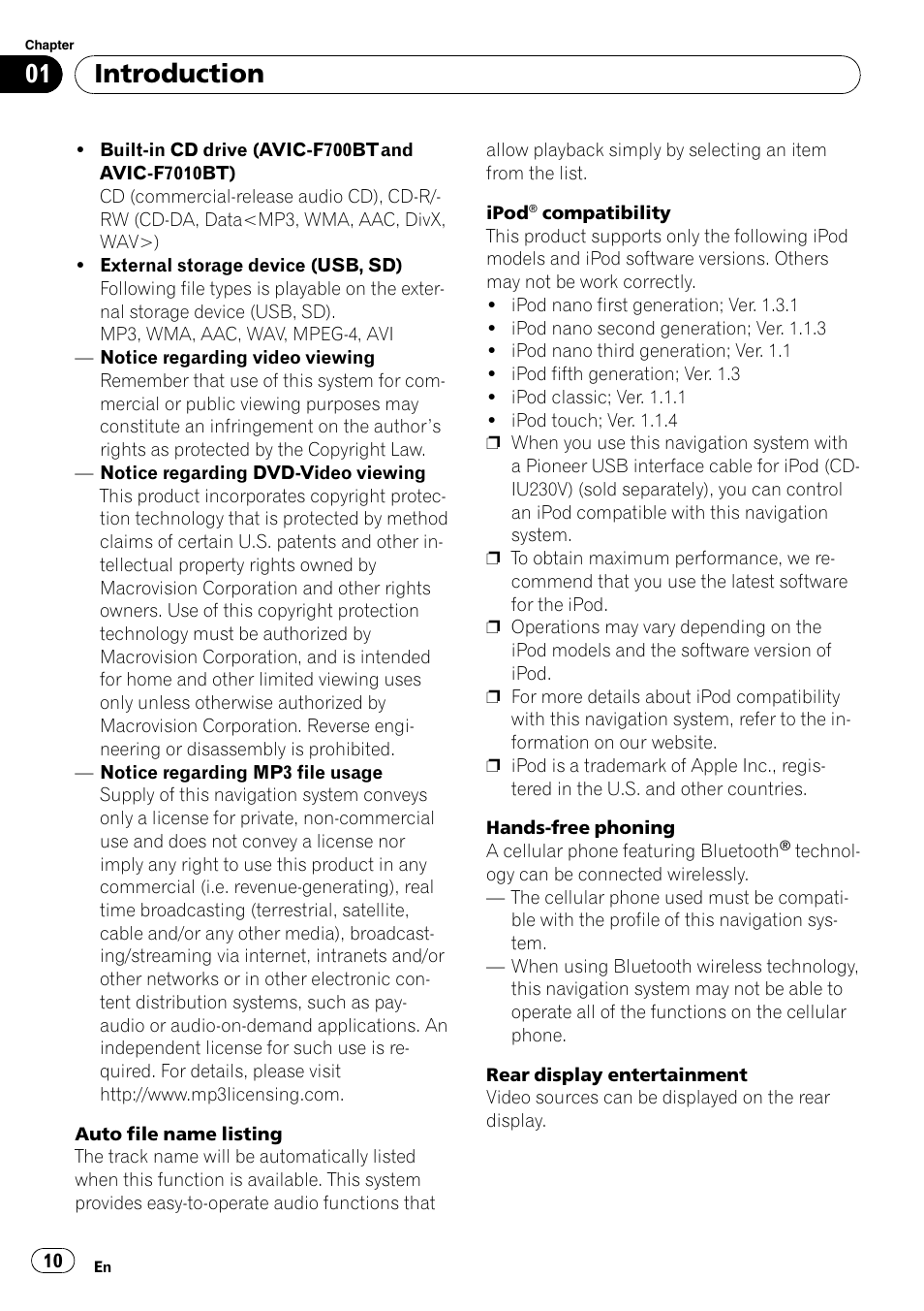 Introduction | Pioneer Premier Flash Memory Multimedia AV Navigation Receiver AVIC-F90BT User Manual | Page 10 / 189