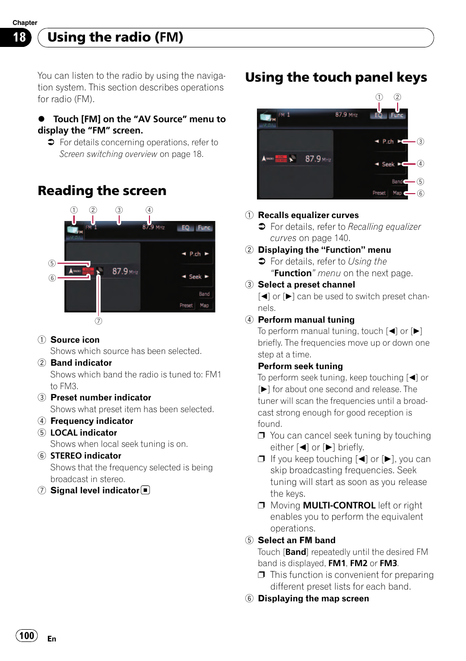 Using the radio (fm) reading the screen, Using the touch panel keys, Reading the screen | Using the radio (fm) | Pioneer Premier Flash Memory Multimedia AV Navigation Receiver AVIC-F90BT User Manual | Page 100 / 189