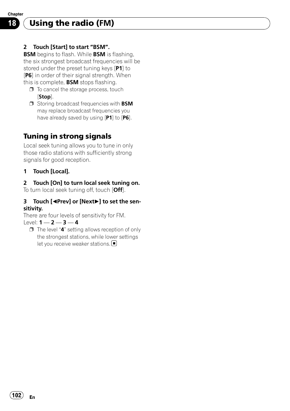 Tuning in strong signals 102, Using the radio (fm), Tuning in strong signals | Pioneer Premier Flash Memory Multimedia AV Navigation Receiver AVIC-F90BT User Manual | Page 102 / 189