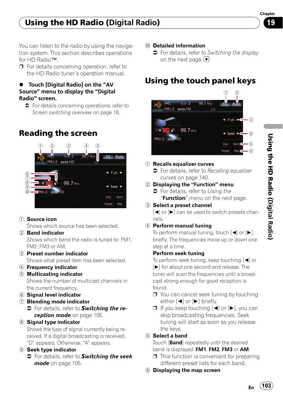 Using the touch panel keys, Reading the screen, Using the hd radio (digital radio) | Pioneer Premier Flash Memory Multimedia AV Navigation Receiver AVIC-F90BT User Manual | Page 103 / 189