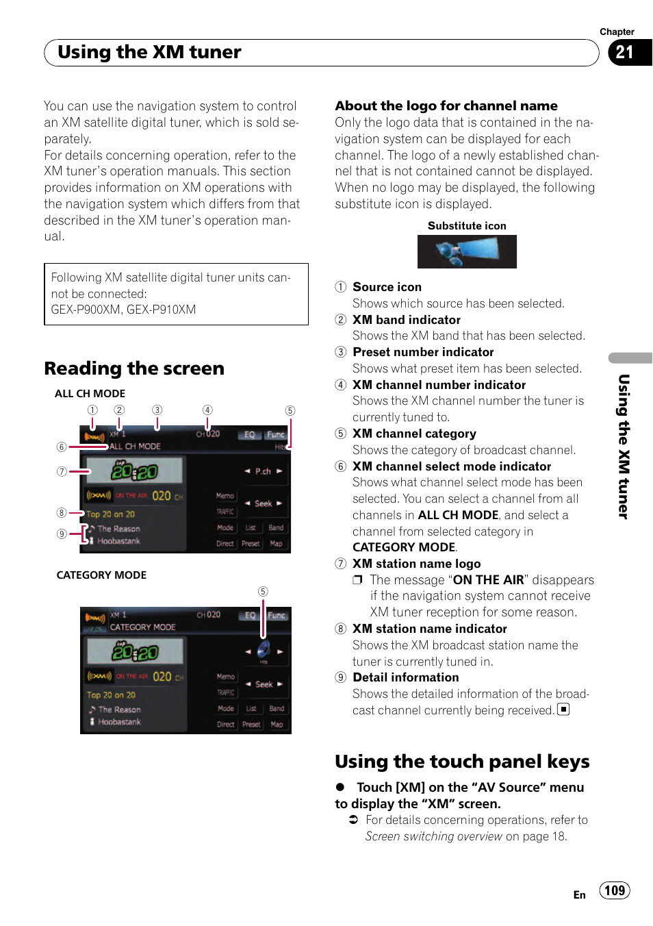 Using the xm tuner reading the screen, Using the touch panel keys, Reading the screen | Using the xm tuner | Pioneer Premier Flash Memory Multimedia AV Navigation Receiver AVIC-F90BT User Manual | Page 109 / 189