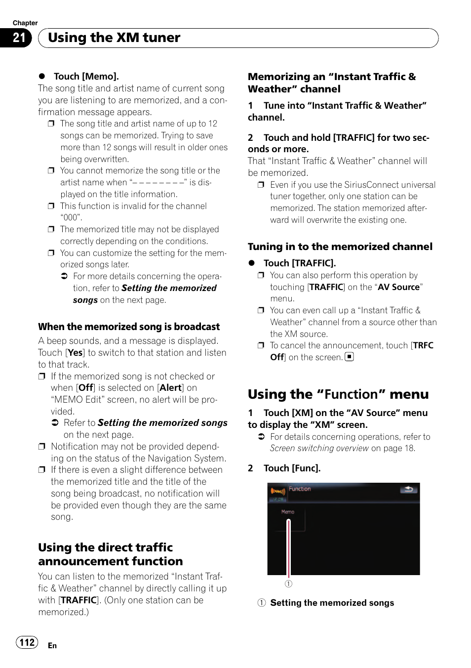 Using the direct traffic announcement, Function, Using the | Function” menu 112, Using the “function, Using the direct traffic, Using the “function” menu, Using the xm tuner, Using the direct traffic announcement function | Pioneer Premier Flash Memory Multimedia AV Navigation Receiver AVIC-F90BT User Manual | Page 112 / 189