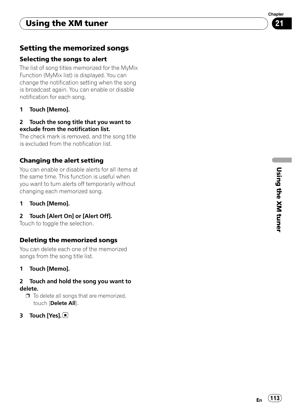 Setting the memorized songs 113, Setting the memorized songs, Using the xm tuner | Pioneer Premier Flash Memory Multimedia AV Navigation Receiver AVIC-F90BT User Manual | Page 113 / 189