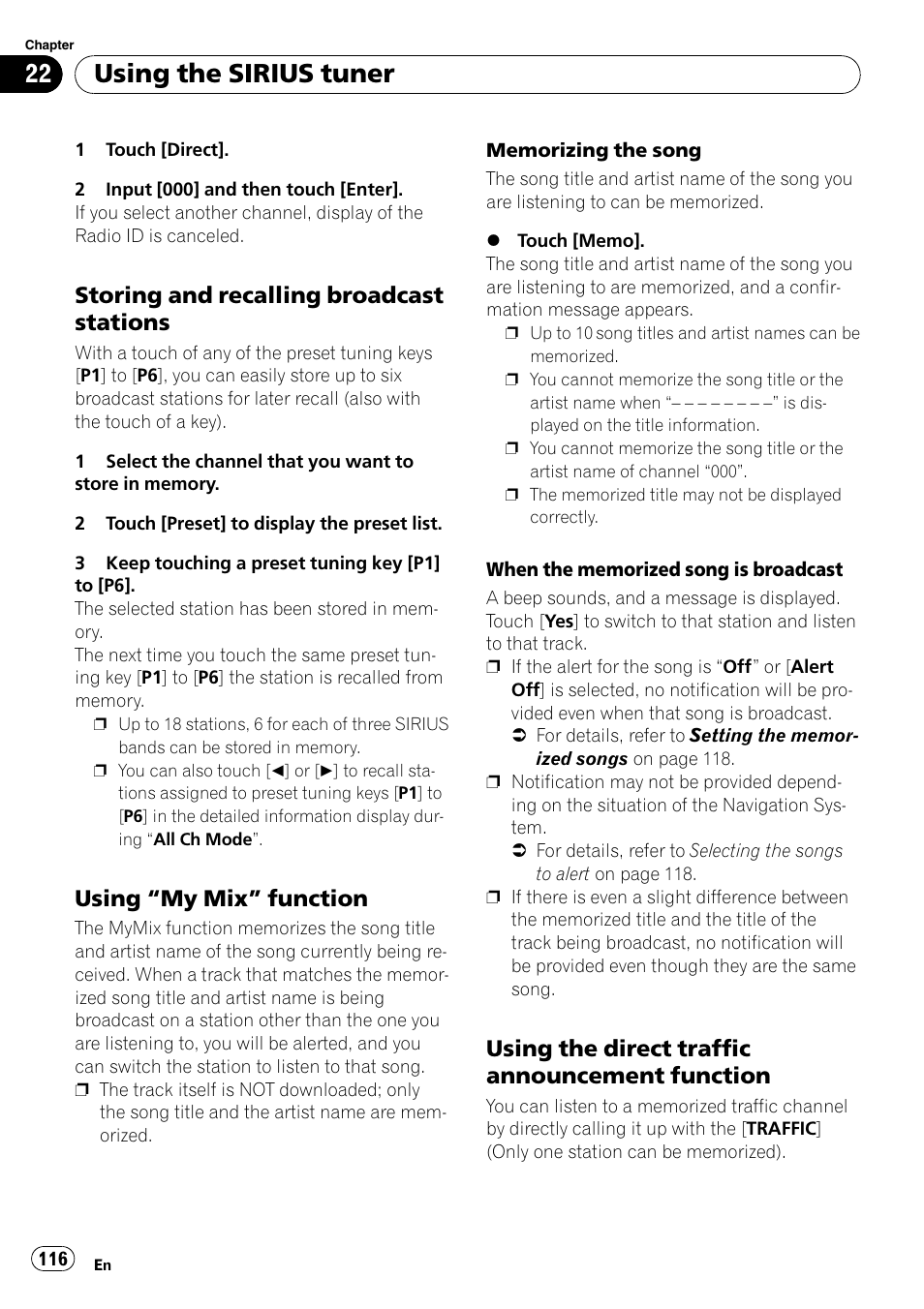 Storing and recalling broadcast, Stations, Using “my mix” function 116 | Using the direct traffic announcement, Function, Memorizing the song, Using the direct traffic, Using the sirius tuner, Storing and recalling broadcast stations, Using “my mix” function | Pioneer Premier Flash Memory Multimedia AV Navigation Receiver AVIC-F90BT User Manual | Page 116 / 189