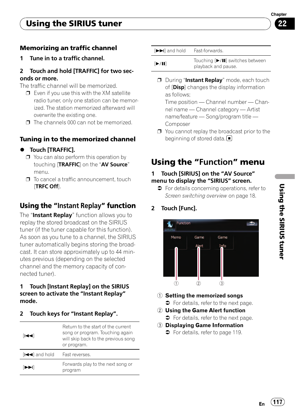 Using the “instant replay, Function, Using the | Function” menu 117, Using the “instant, Replay, Using the “function, Using the “function” menu, Using the sirius tuner, Using the “instant replay” function | Pioneer Premier Flash Memory Multimedia AV Navigation Receiver AVIC-F90BT User Manual | Page 117 / 189